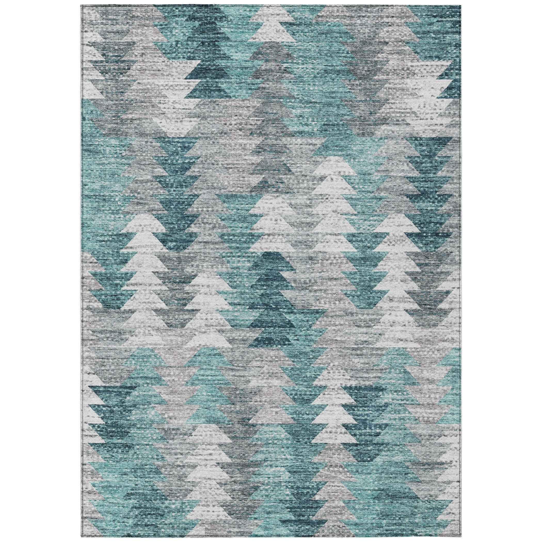 10' X 14' Dark Blue Aqua And Gray Geometric Washable Indoor Outdoor Area Rug