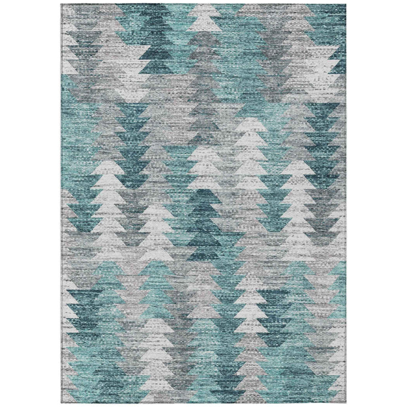 10' X 14' Dark Blue Aqua And Gray Geometric Washable Indoor Outdoor Area Rug