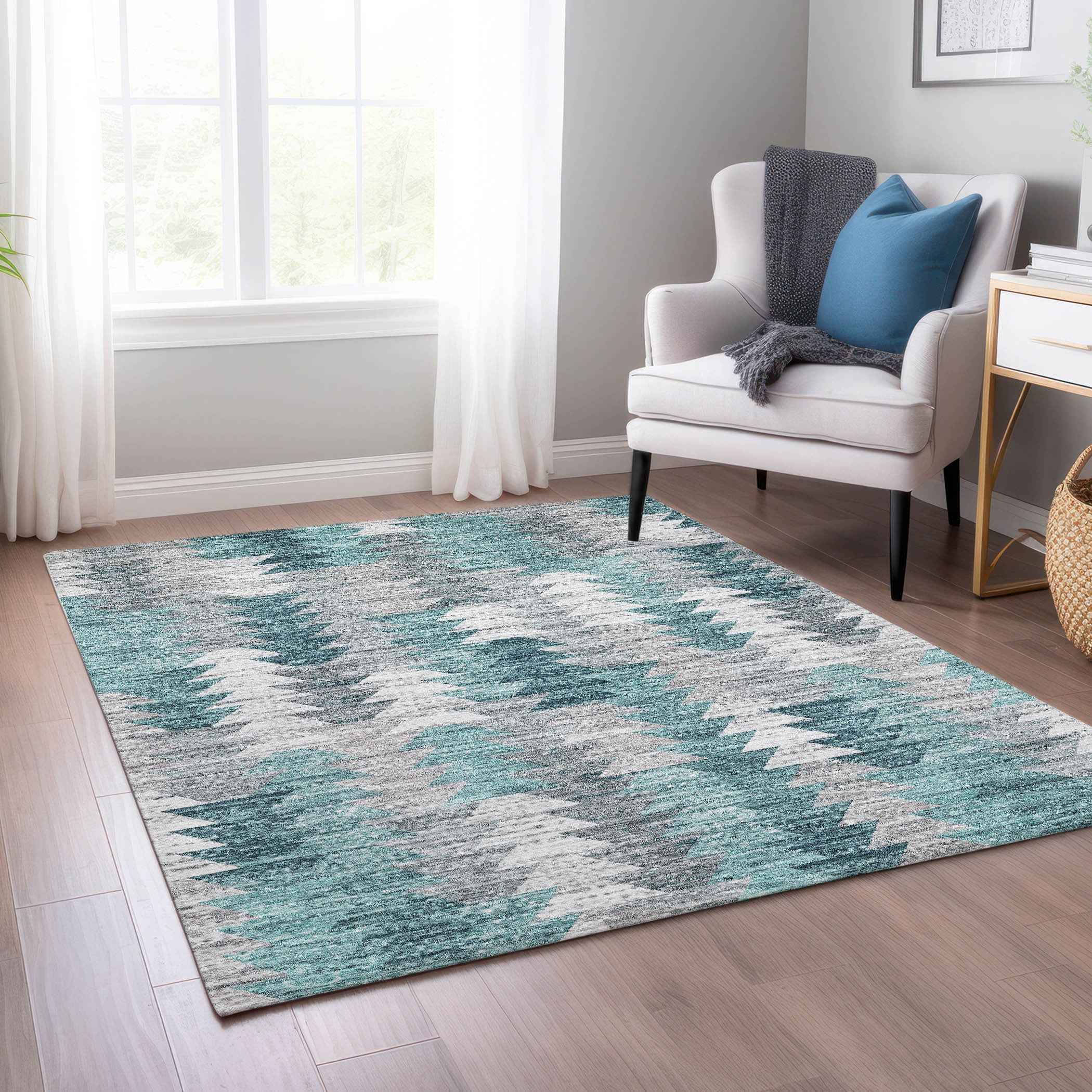 10' X 14' Dark Blue Aqua And Gray Geometric Washable Indoor Outdoor Area Rug