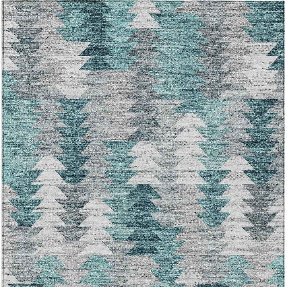10' X 14' Dark Blue Aqua And Gray Geometric Washable Indoor Outdoor Area Rug