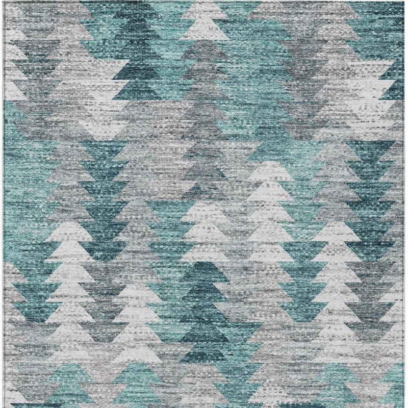 10' X 14' Dark Blue Aqua And Gray Geometric Washable Indoor Outdoor Area Rug