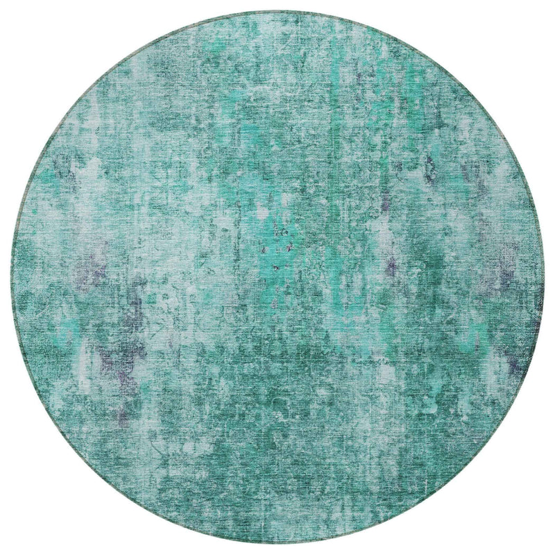 8' Teal Blue Green And Gray Round Abstract Washable Indoor Outdoor Area Rug