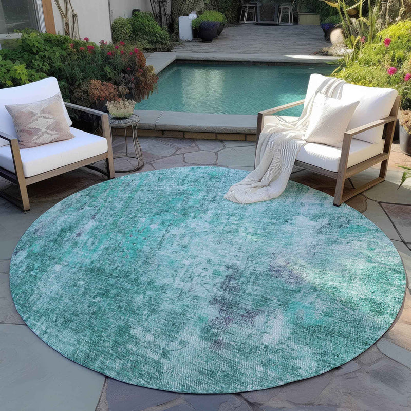 8' Teal Blue Green And Gray Round Abstract Washable Indoor Outdoor Area Rug