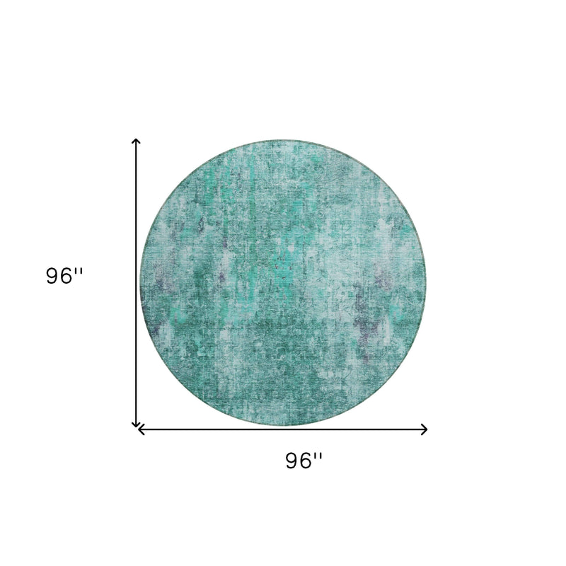 8' Teal Blue Green And Gray Round Abstract Washable Indoor Outdoor Area Rug