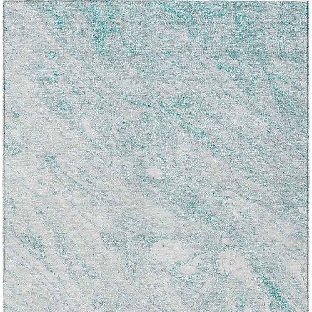 9' X 12' Aquamarine Aqua And Ivory Abstract Washable Indoor Outdoor Area Rug