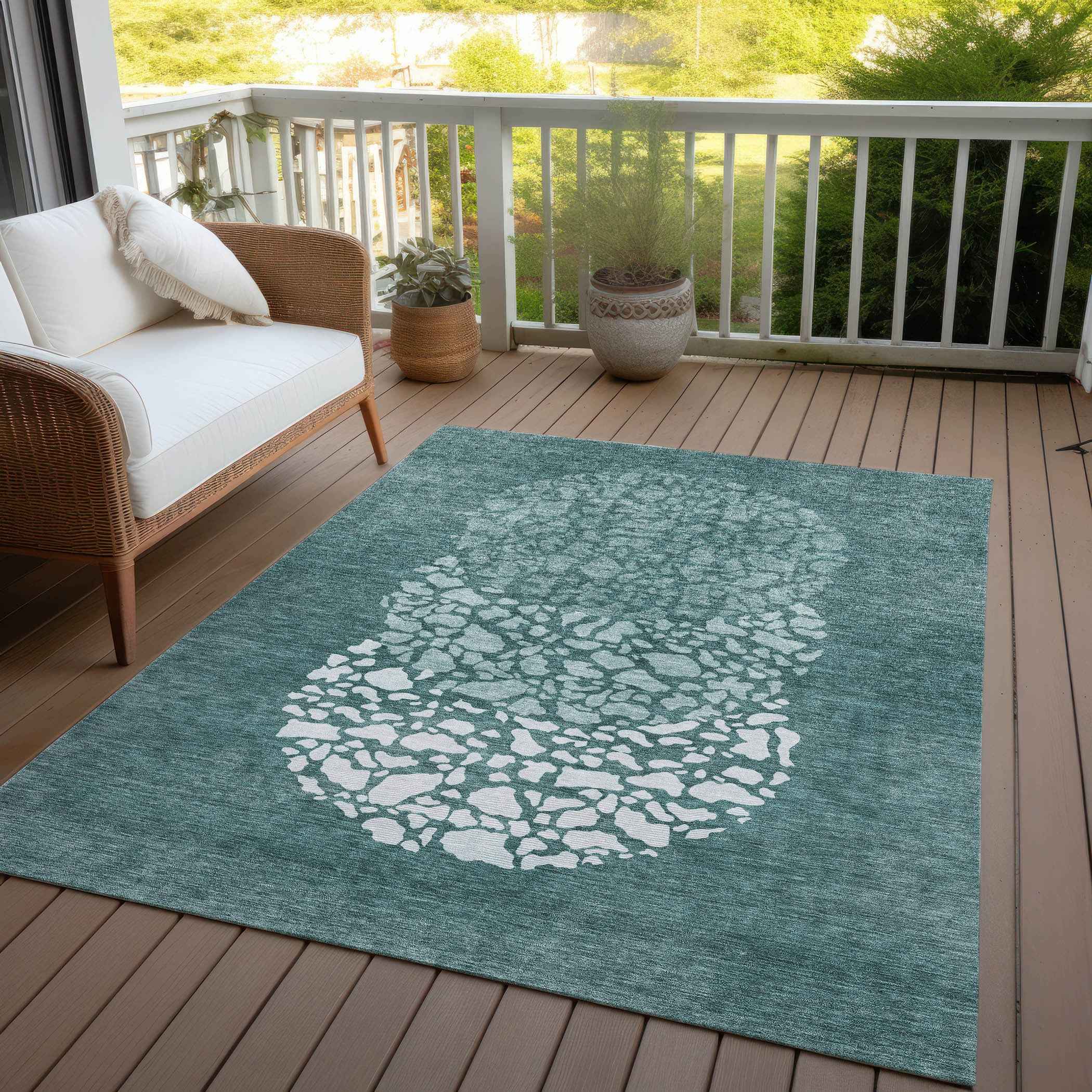 3' X 5' Dark Green Aqua And Ivory Abstract Washable Indoor Outdoor Area Rug