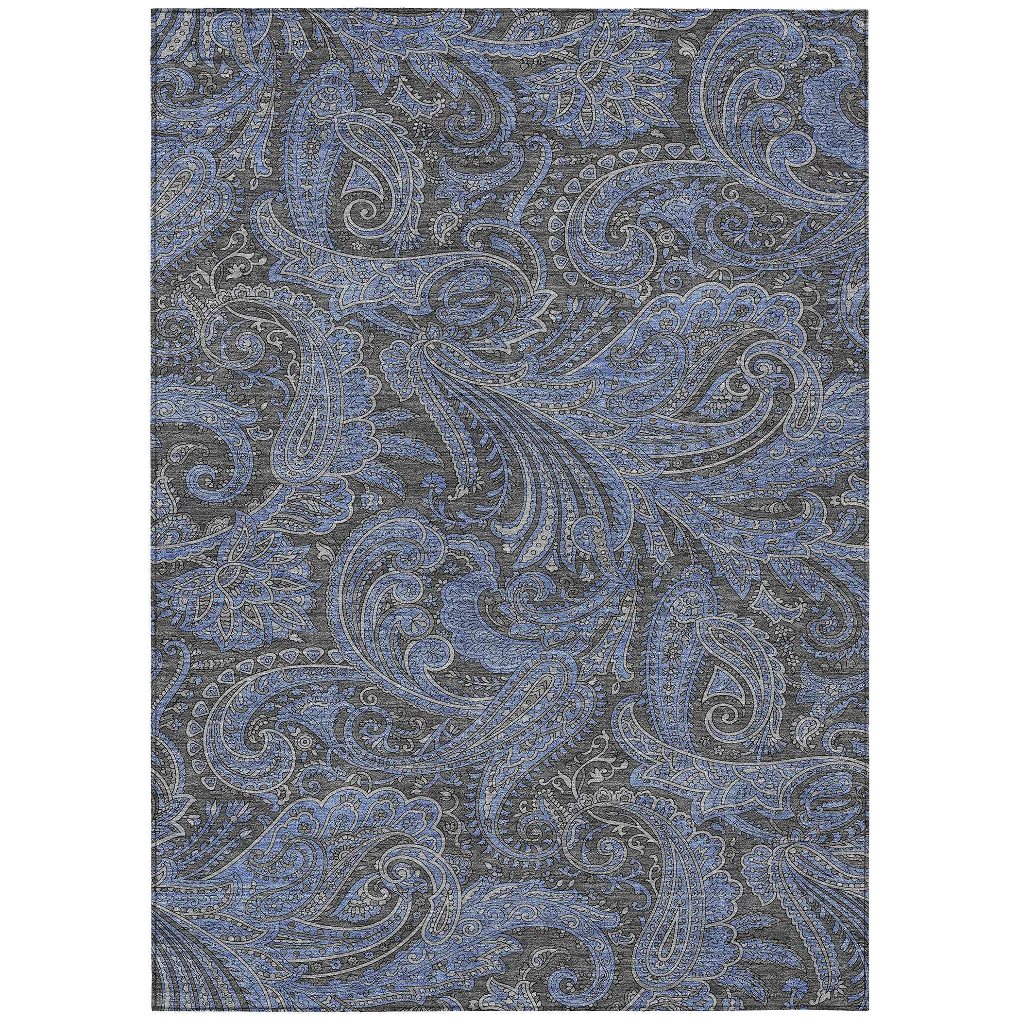 8' X 10' Charcoal Gray And Blue Paisley Washable Indoor Outdoor Area Rug