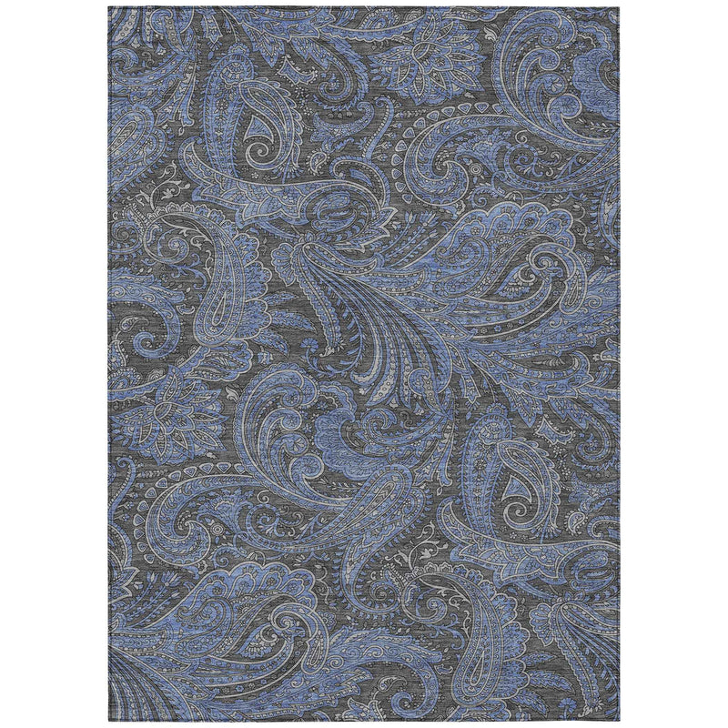 8' X 10' Charcoal Gray And Blue Paisley Washable Indoor Outdoor Area Rug