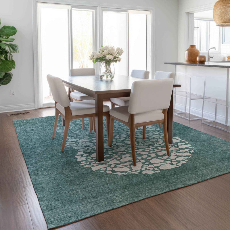 3' X 5' Dark Green Aqua And Ivory Abstract Washable Indoor Outdoor Area Rug