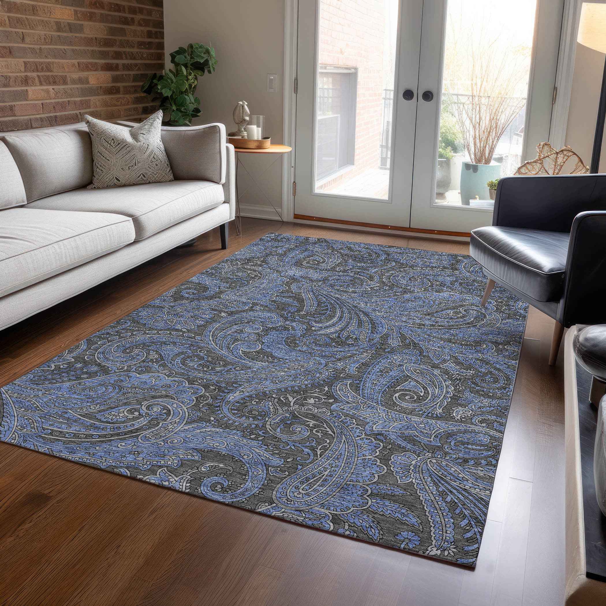 8' X 10' Charcoal Gray And Blue Paisley Washable Indoor Outdoor Area Rug