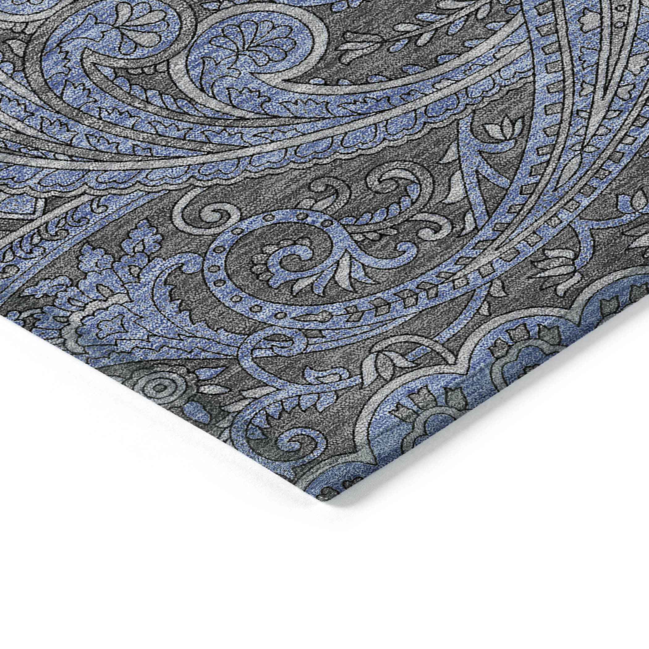 8' X 10' Charcoal Gray And Blue Paisley Washable Indoor Outdoor Area Rug