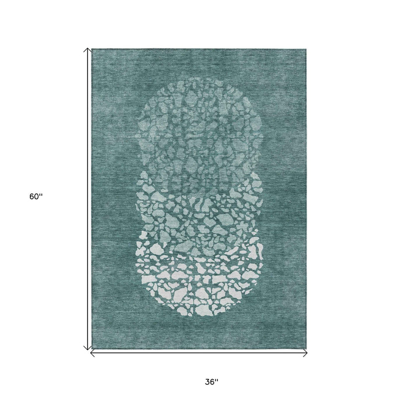 3' X 5' Dark Green Aqua And Ivory Abstract Washable Indoor Outdoor Area Rug