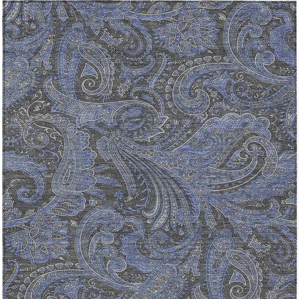 8' X 10' Charcoal Gray And Blue Paisley Washable Indoor Outdoor Area Rug