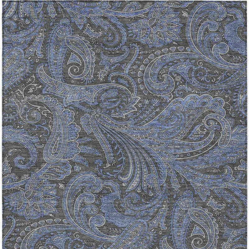 8' X 10' Charcoal Gray And Blue Paisley Washable Indoor Outdoor Area Rug
