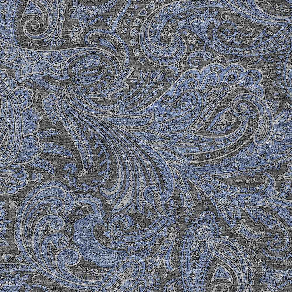 8' X 10' Charcoal Gray And Blue Paisley Washable Indoor Outdoor Area Rug