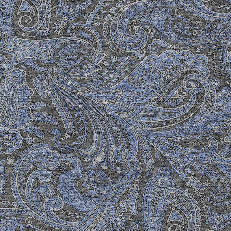 8' X 10' Charcoal Gray And Blue Paisley Washable Indoor Outdoor Area Rug