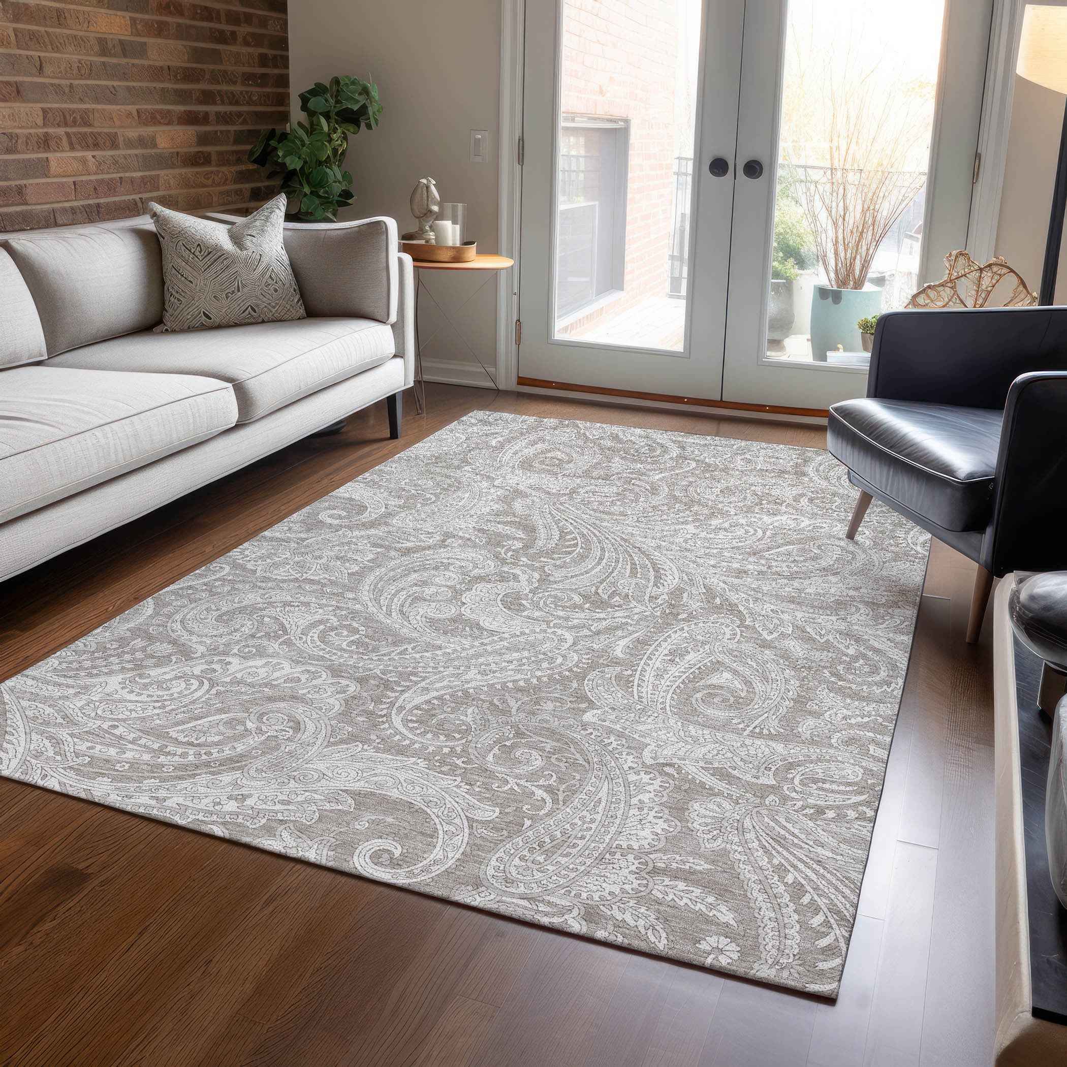 8' X 10' Taupe Beige And Ivory Paisley Washable Indoor Outdoor Area Rug
