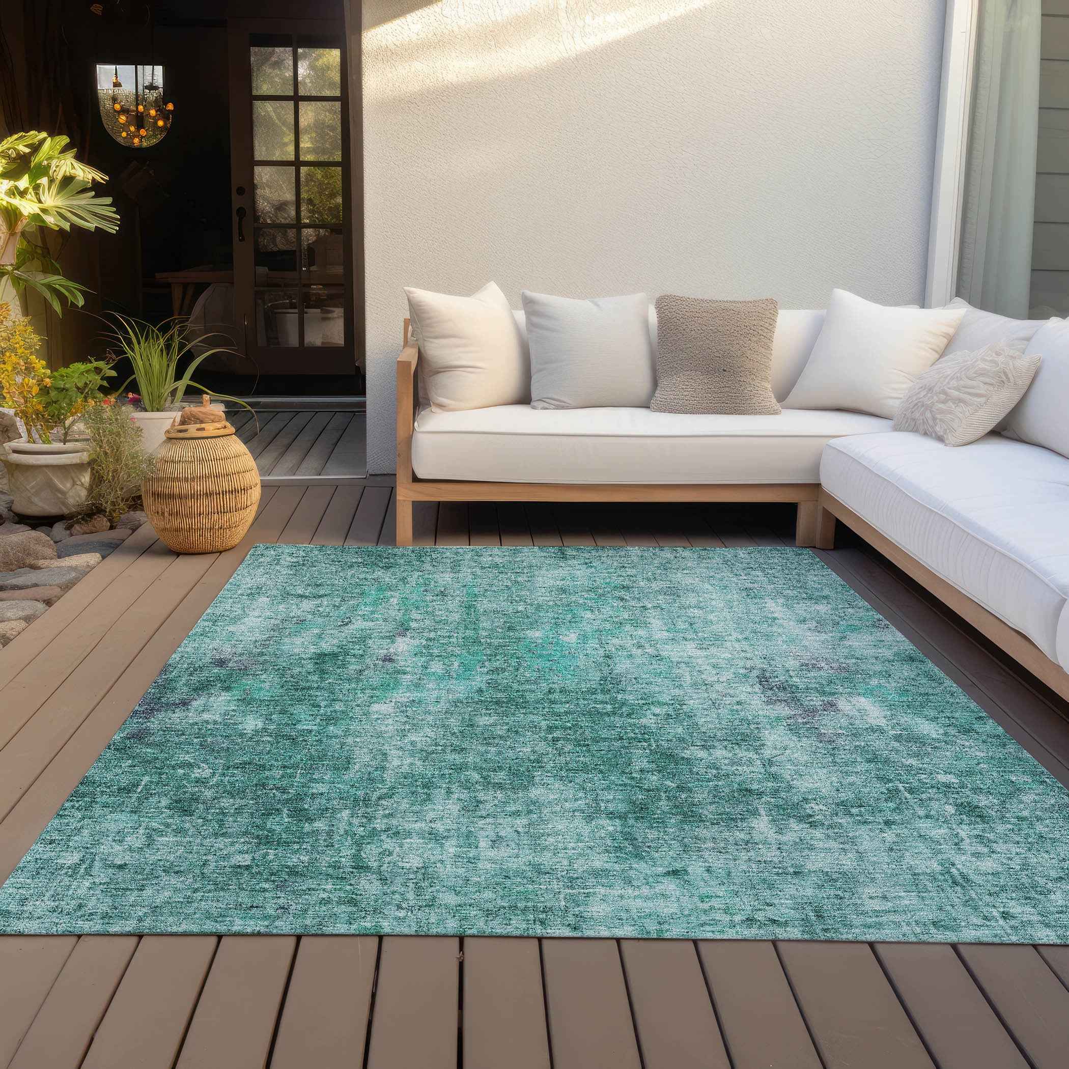 8' X 10' Teal Blue Green And Gray Abstract Washable Indoor Outdoor Area Rug