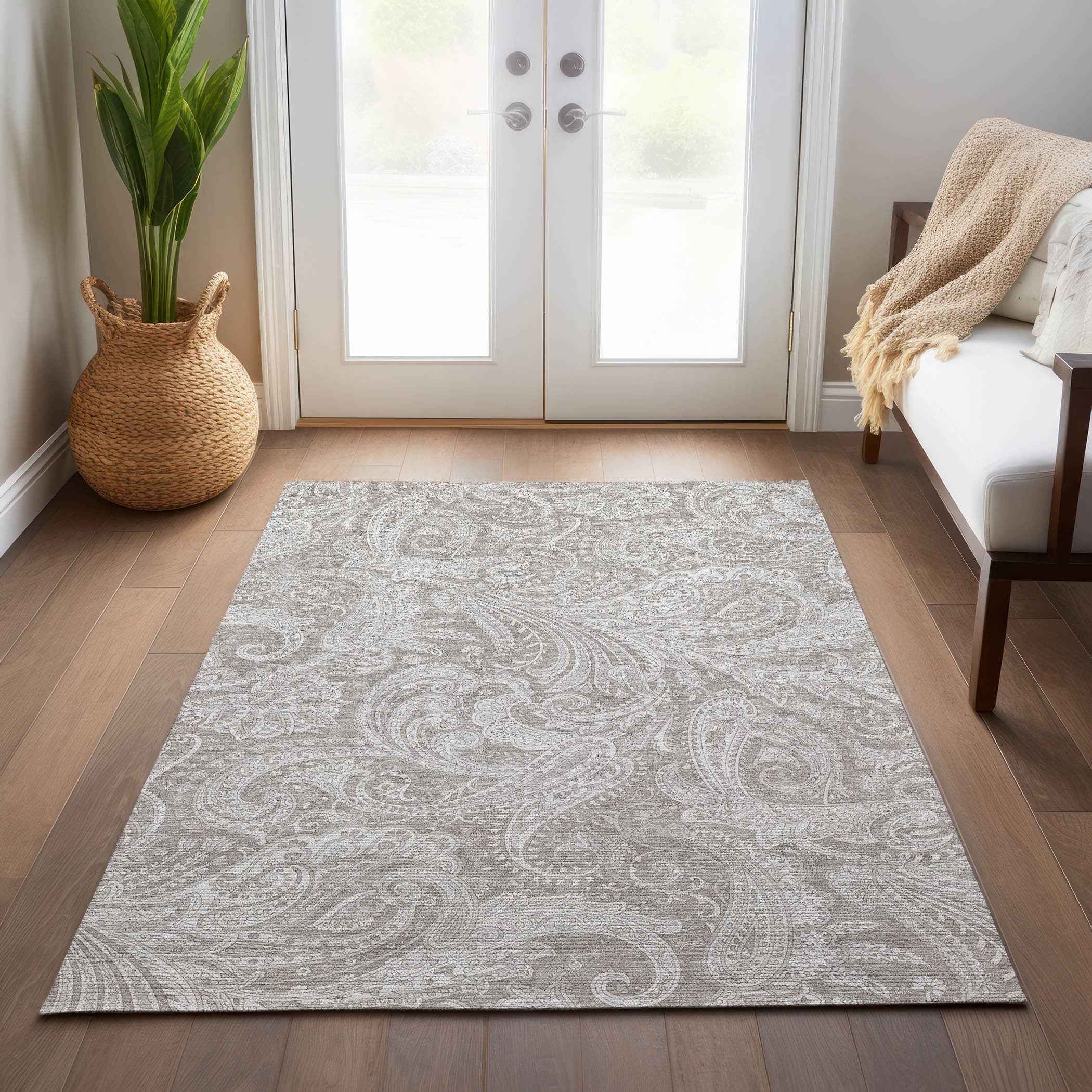 8' X 10' Taupe Beige And Ivory Paisley Washable Indoor Outdoor Area Rug