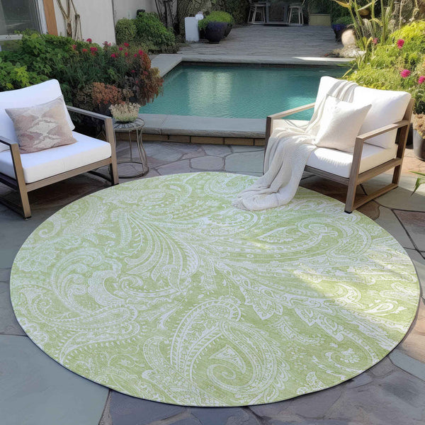 8' Green And Ivory Round Paisley Washable Indoor Outdoor Area Rug