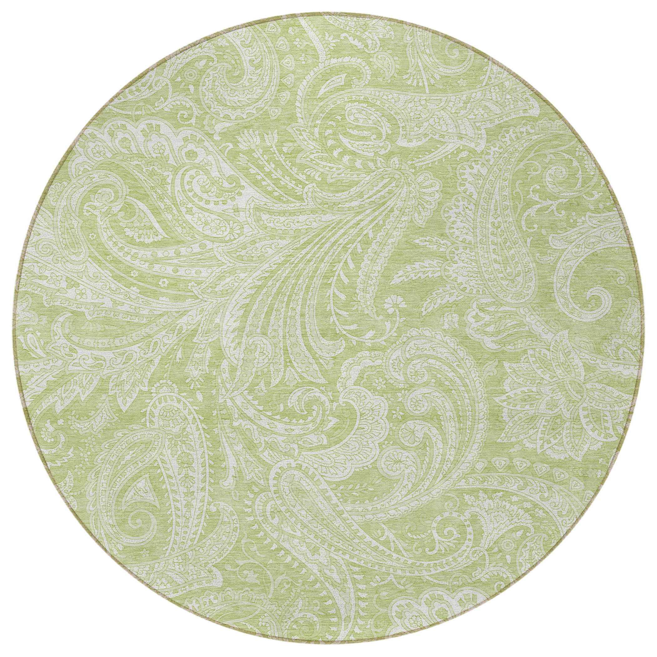 8' Green And Ivory Round Paisley Washable Indoor Outdoor Area Rug