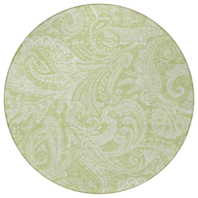 8' Green And Ivory Round Paisley Washable Indoor Outdoor Area Rug