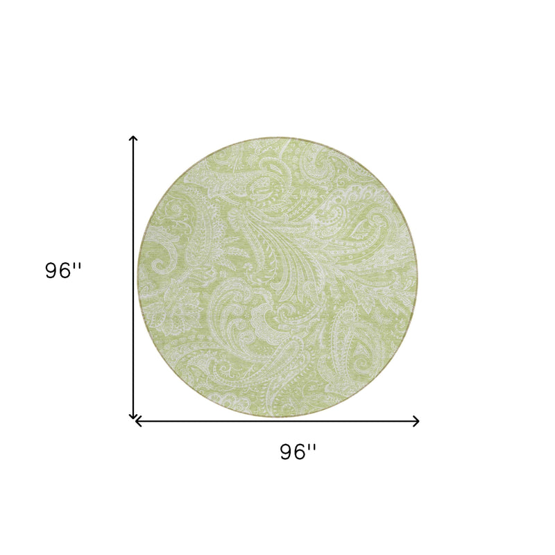 8' Green And Ivory Round Paisley Washable Indoor Outdoor Area Rug