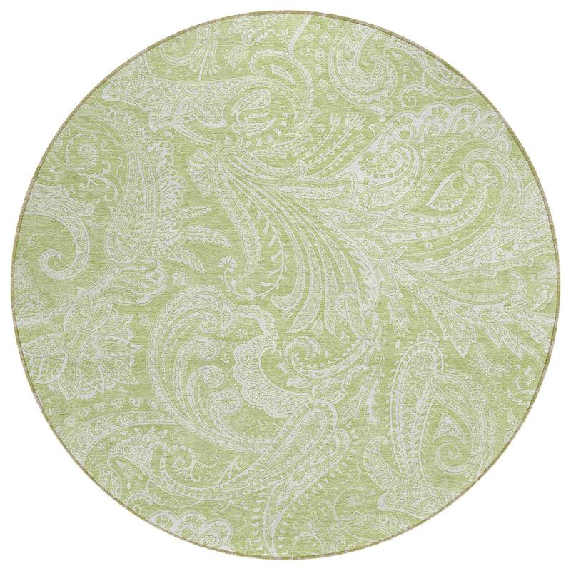 8' Green And Ivory Round Paisley Washable Indoor Outdoor Area Rug