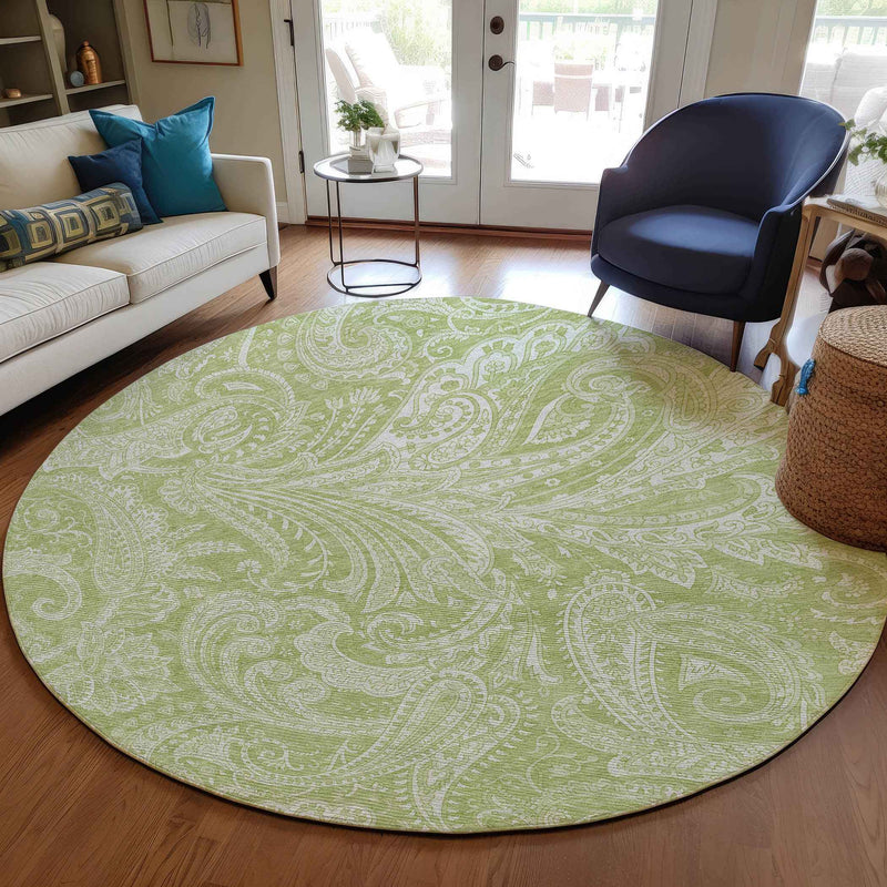 8' Green And Ivory Round Paisley Washable Indoor Outdoor Area Rug