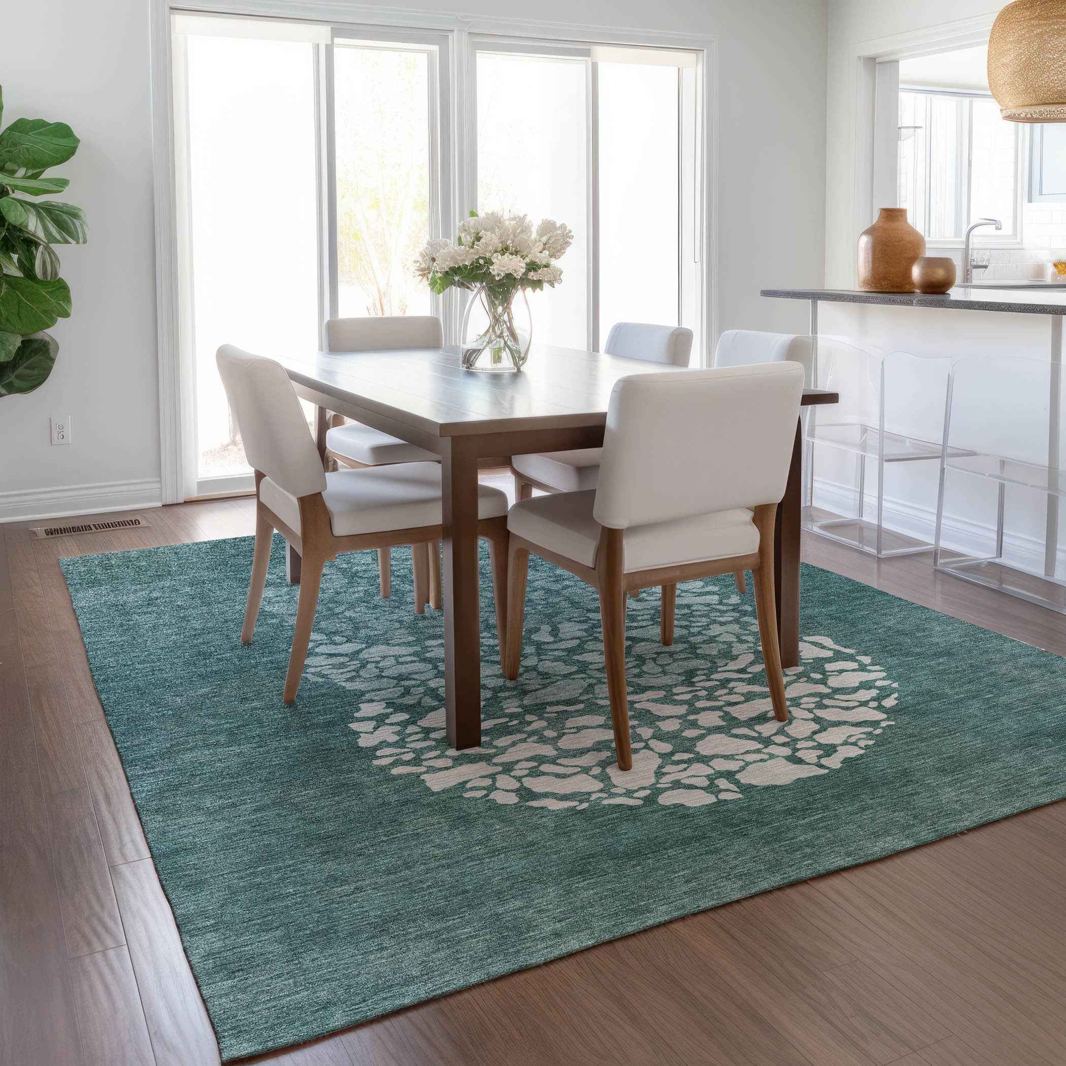 8' X 10' Dark Green Aqua And Ivory Abstract Washable Indoor Outdoor Area Rug