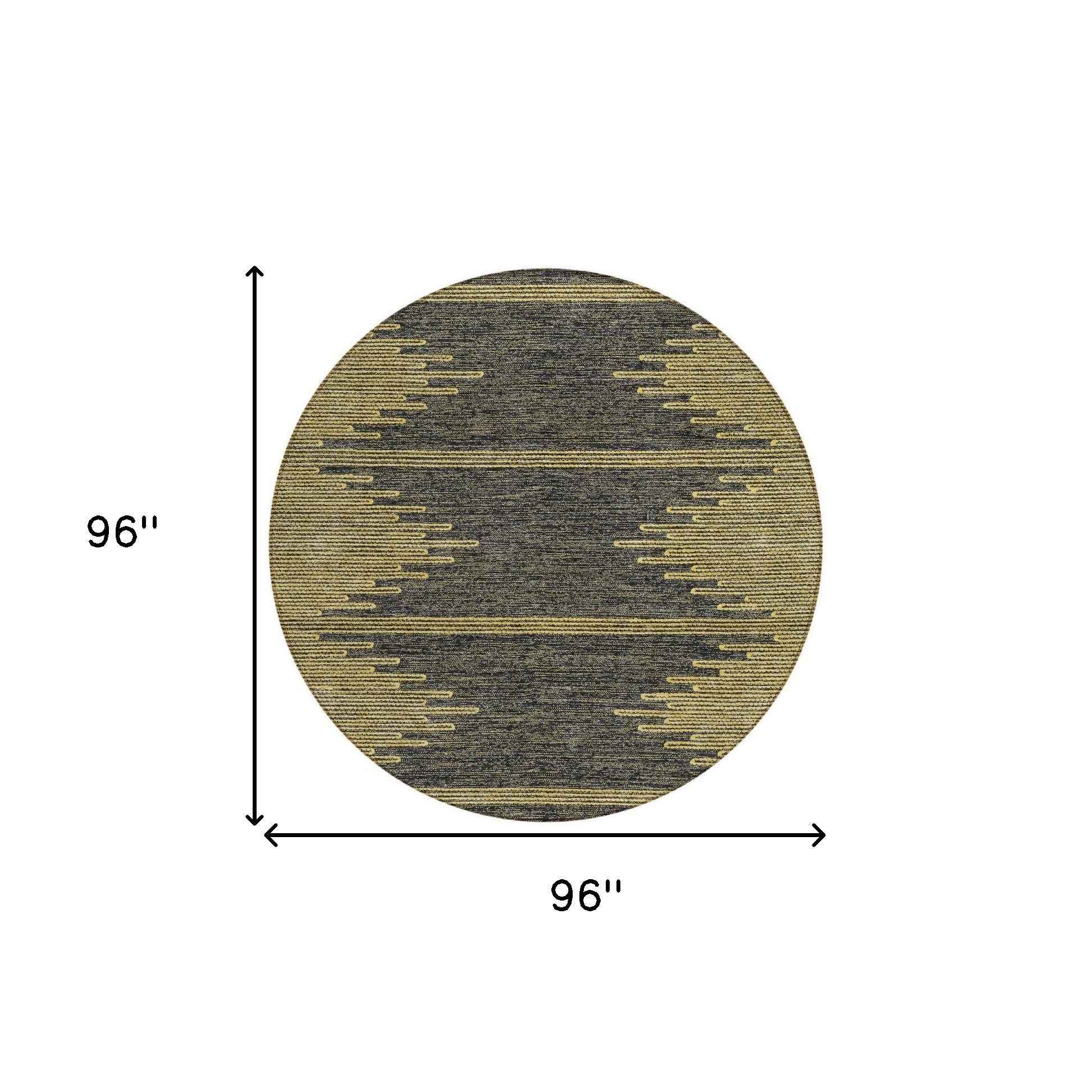 8' Dark Gray And Gold Round Abstract Washable Indoor Outdoor Area Rug