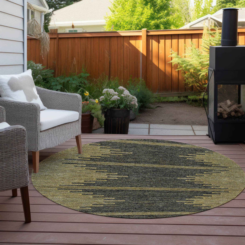 8' Dark Gray And Gold Round Abstract Washable Indoor Outdoor Area Rug