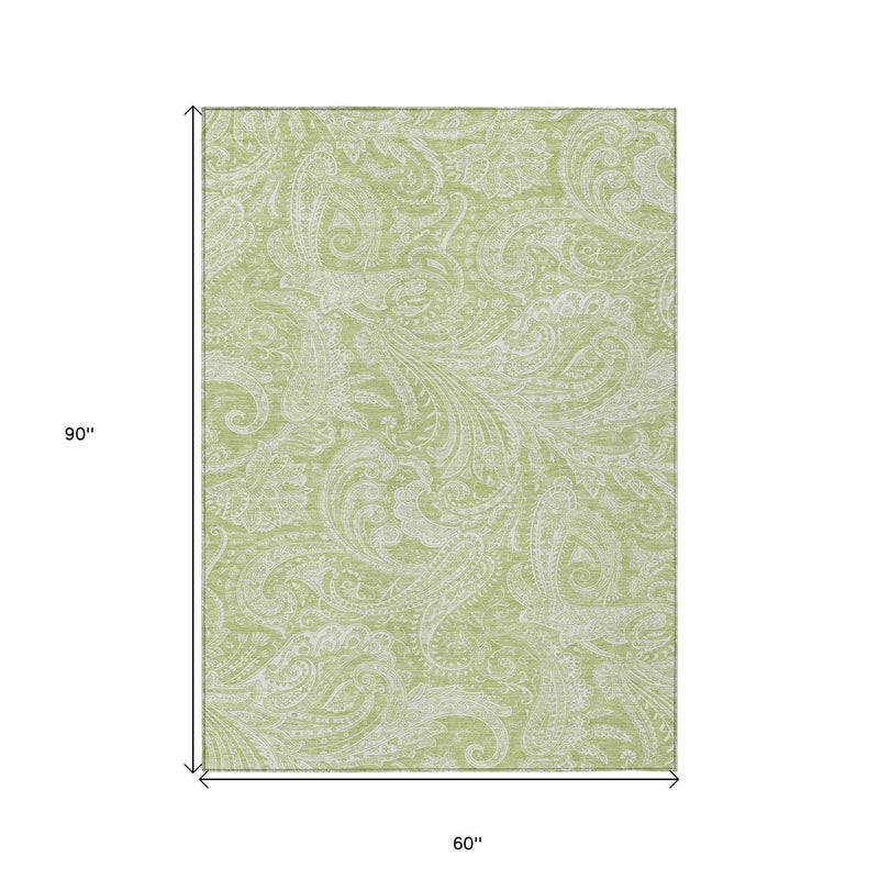 5' X 8' Green And Ivory Paisley Washable Indoor Outdoor Area Rug