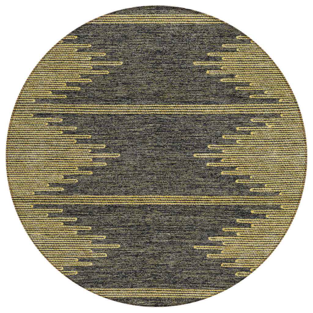 8' Dark Gray And Gold Round Abstract Washable Indoor Outdoor Area Rug