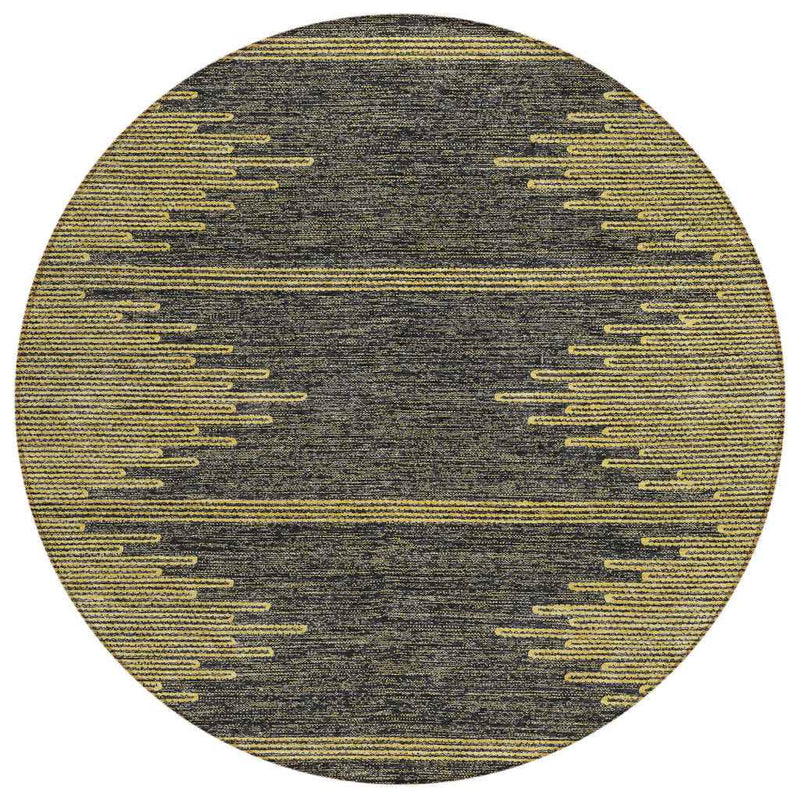 8' Dark Gray And Gold Round Abstract Washable Indoor Outdoor Area Rug