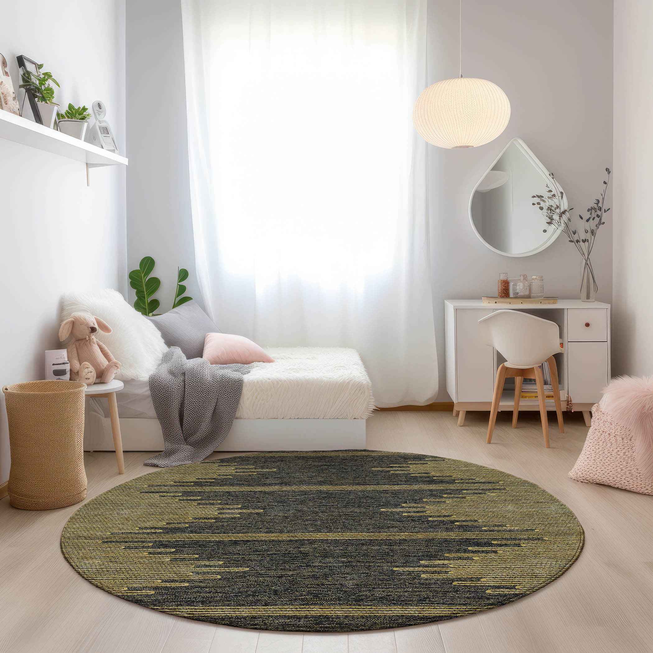 8' Dark Gray And Gold Round Abstract Washable Indoor Outdoor Area Rug