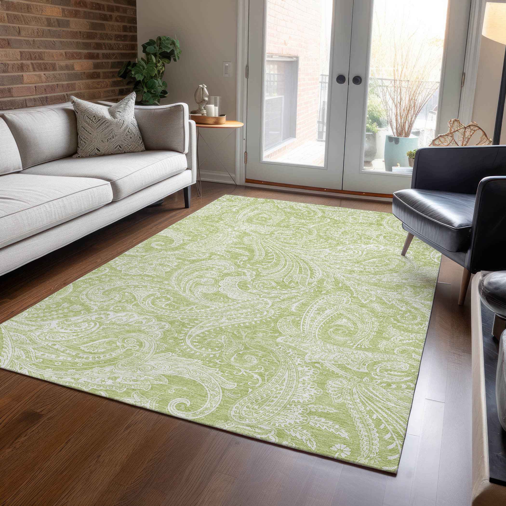 5' X 8' Green And Ivory Paisley Washable Indoor Outdoor Area Rug