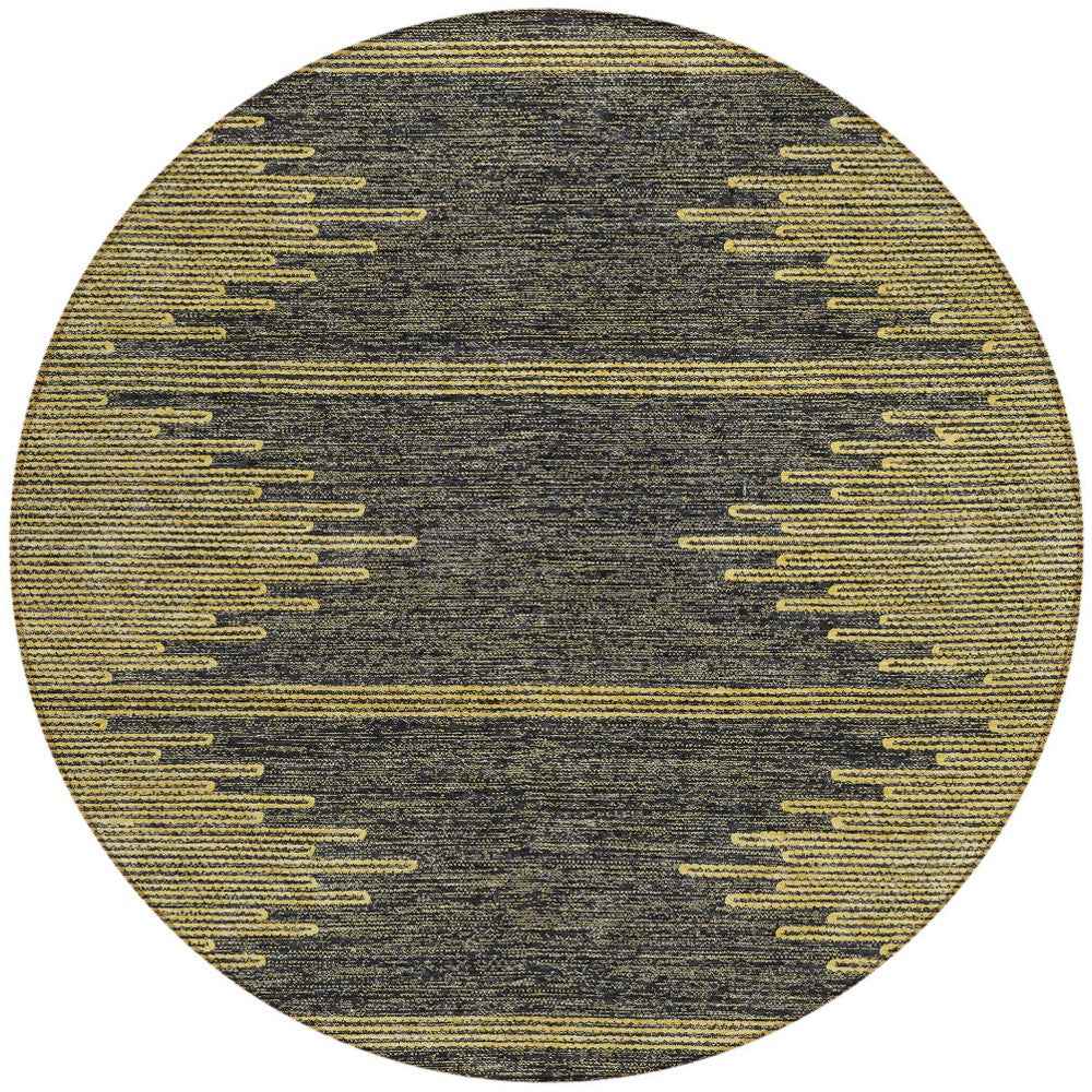 8' Dark Gray And Gold Round Abstract Washable Indoor Outdoor Area Rug