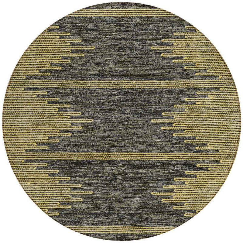 8' Dark Gray And Gold Round Abstract Washable Indoor Outdoor Area Rug