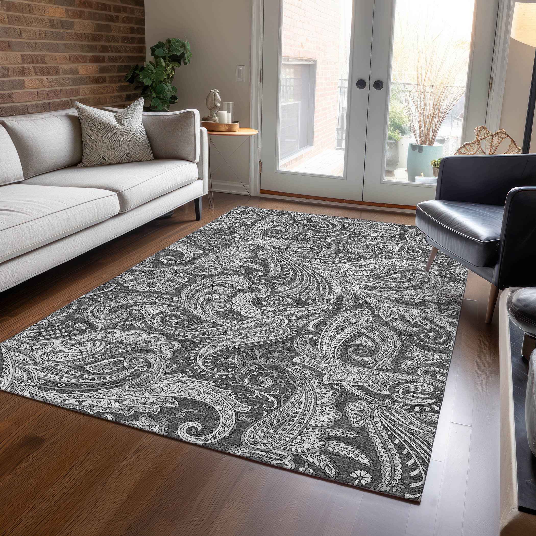 9' X 12' Gray Charcoal And Ivory Paisley Washable Indoor Outdoor Area Rug