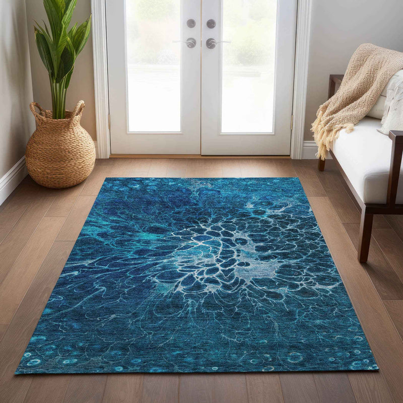 3' X 5' Navy Blue And Sky Blue Abstract Washable Indoor Outdoor Area Rug