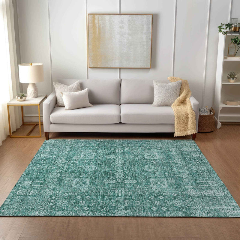 10' X 14' Dark Green And Aqua Oriental Washable Indoor Outdoor Area Rug