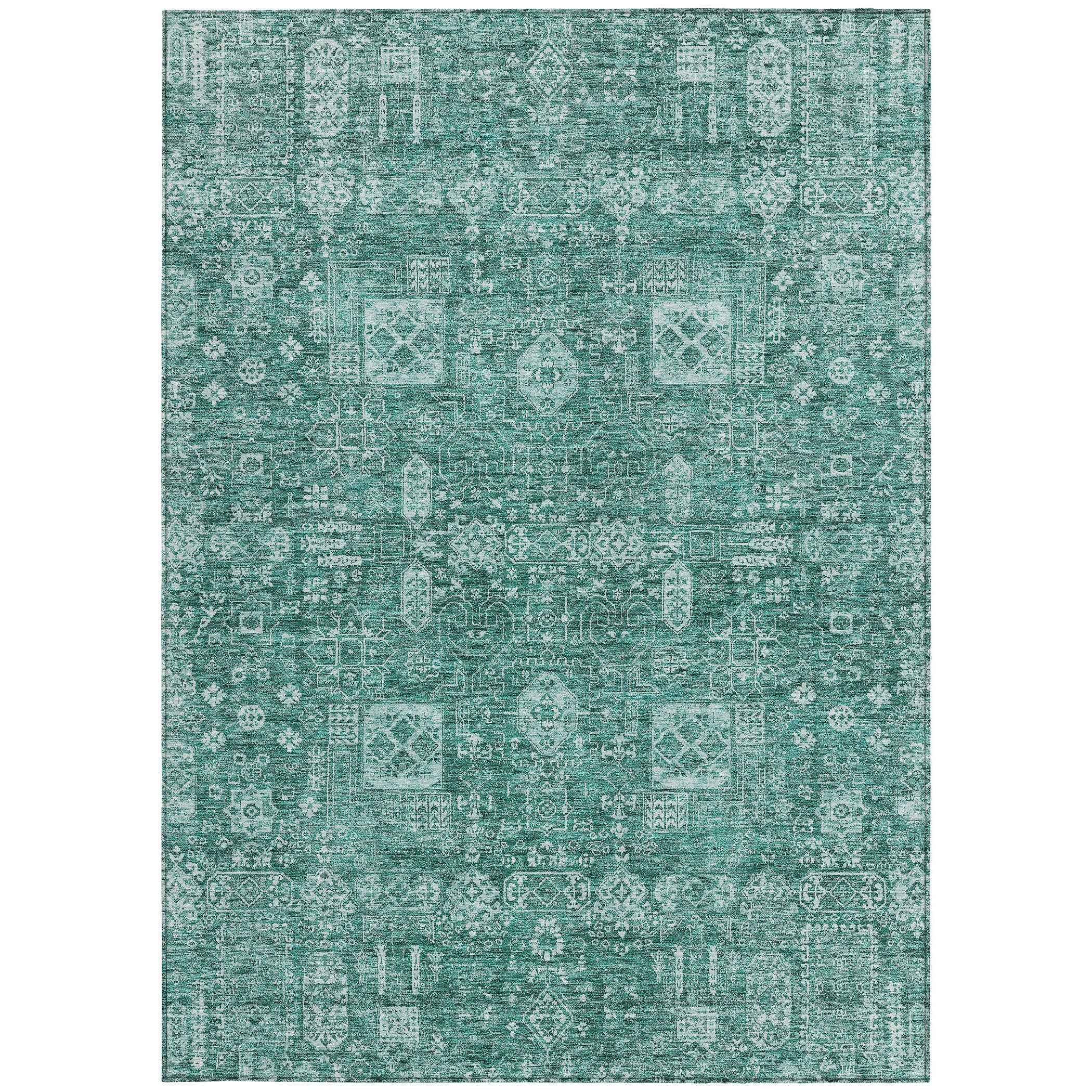 10' X 14' Dark Green And Aqua Oriental Washable Indoor Outdoor Area Rug