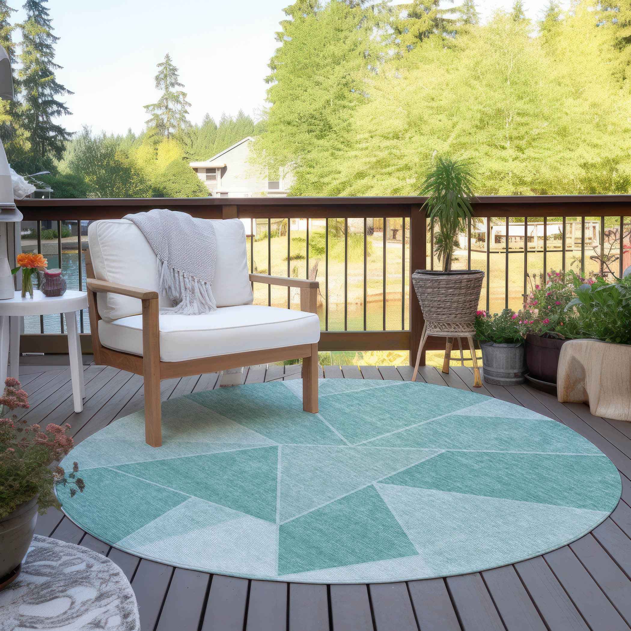 8' Mint Green And Aqua Round Geometric Washable Indoor Outdoor Area Rug