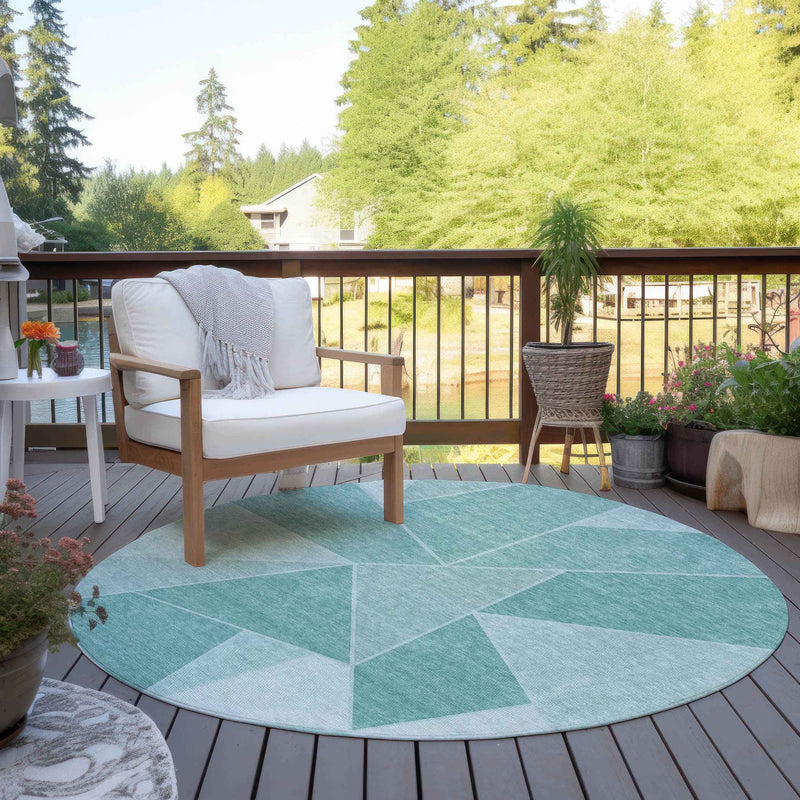 8' Mint Green And Aqua Round Geometric Washable Indoor Outdoor Area Rug
