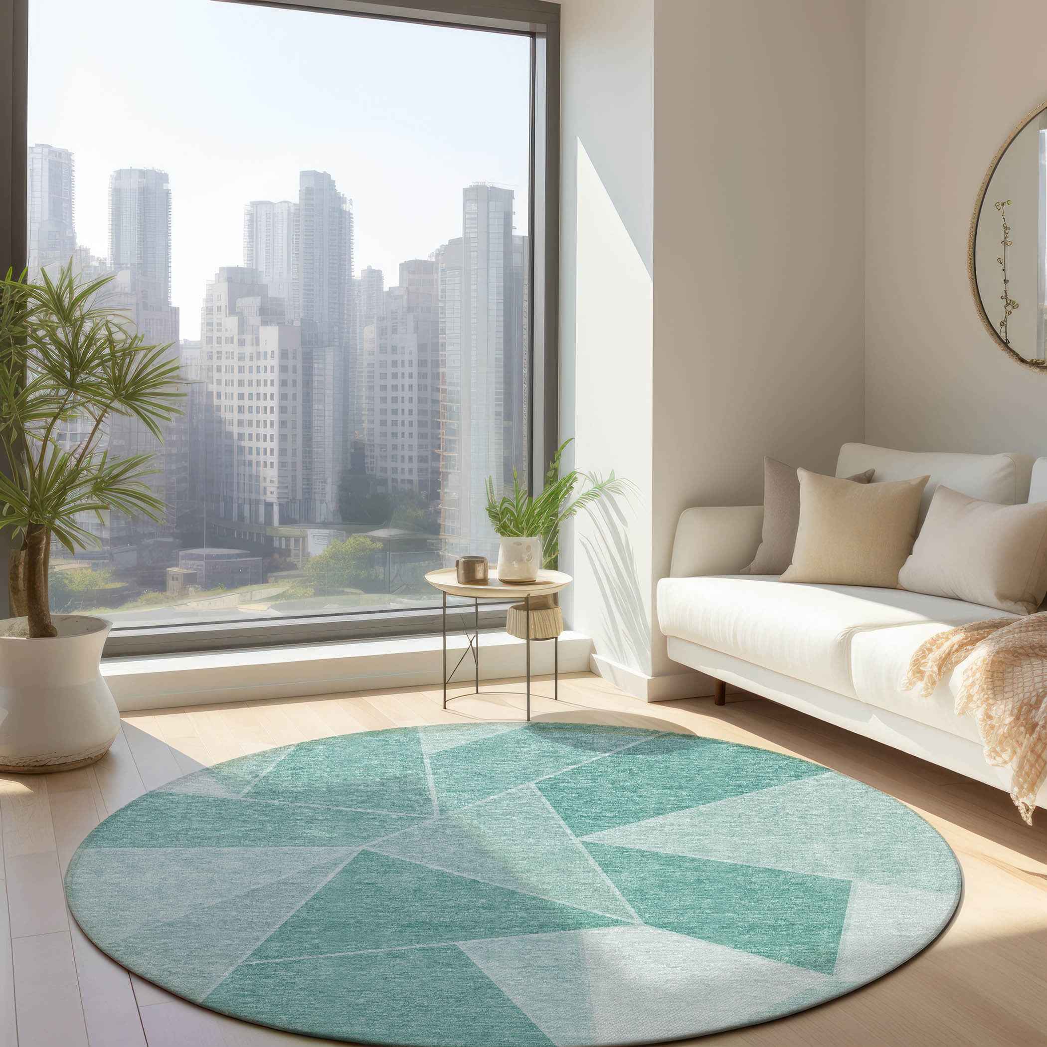 8' Mint Green And Aqua Round Geometric Washable Indoor Outdoor Area Rug