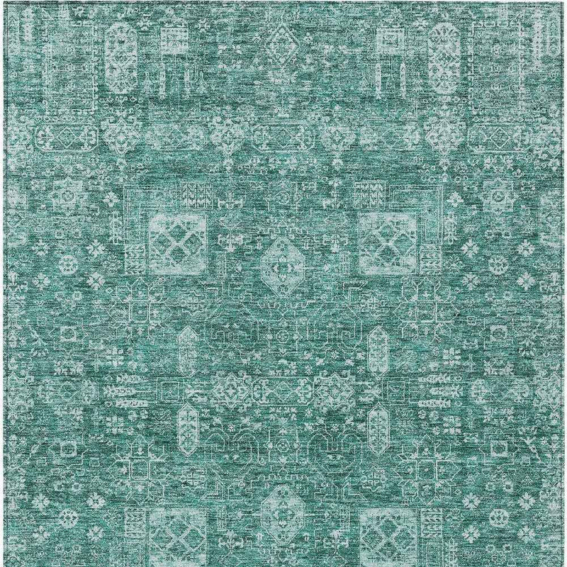 10' X 14' Dark Green And Aqua Oriental Washable Indoor Outdoor Area Rug