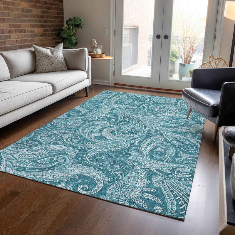 3' X 5' Turquoise And Ivory Paisley Washable Indoor Outdoor Area Rug