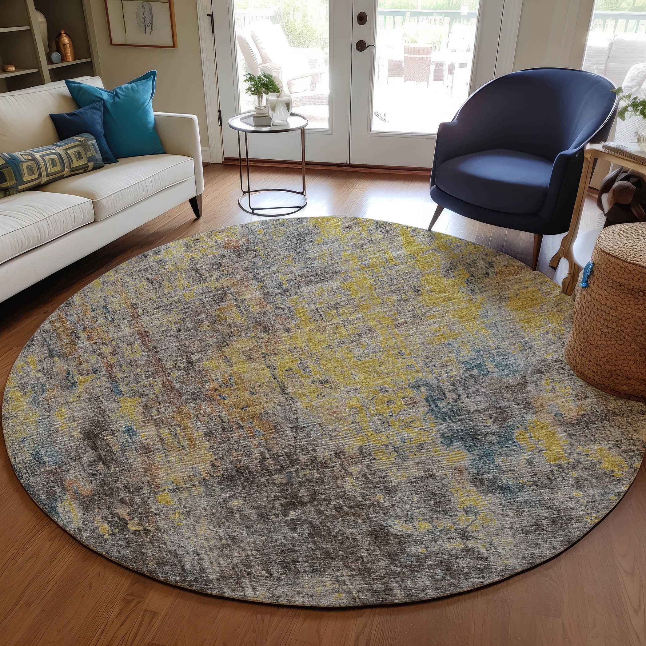 8' Brown And Gold Round Abstract Washable Indoor Outdoor Area Rug
