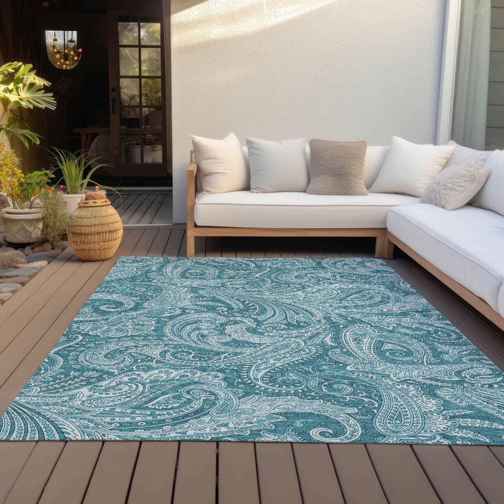 3' X 5' Turquoise And Ivory Paisley Washable Indoor Outdoor Area Rug